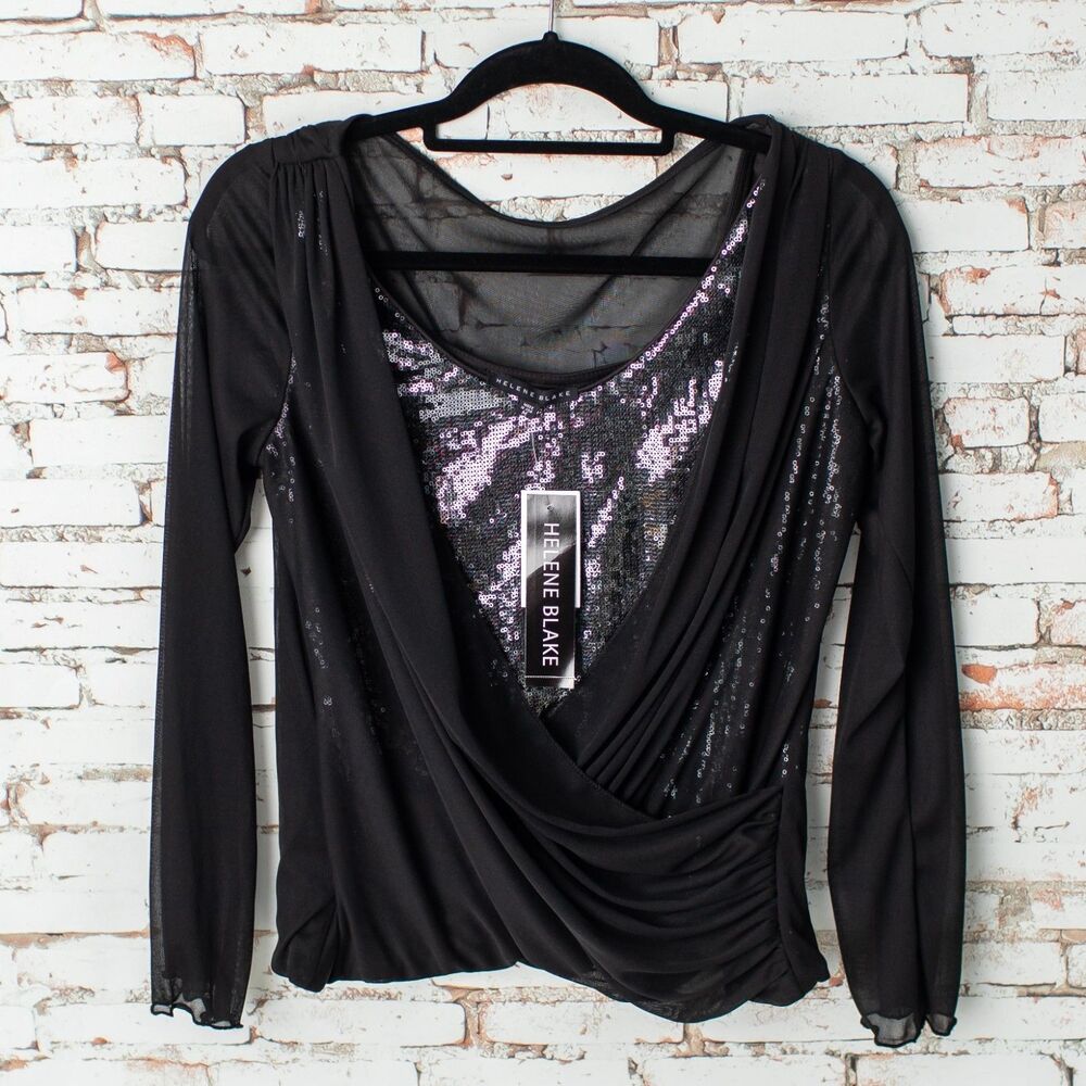 NEW Helene Blake Women M Black Sequin Mesh Draped Long Sleeve Party Blouse Top